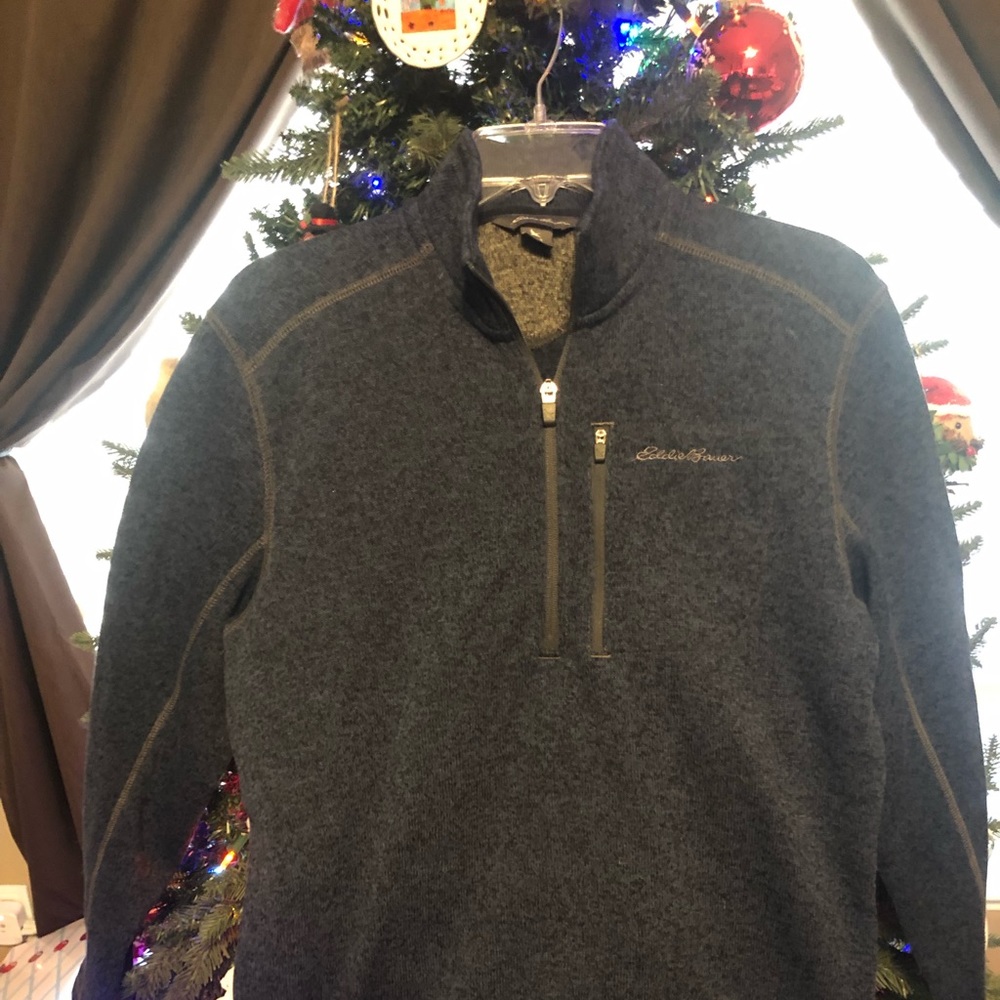 Eddie Bauer 1/2 zip sweater size small. Blue with tan/light brown stitching